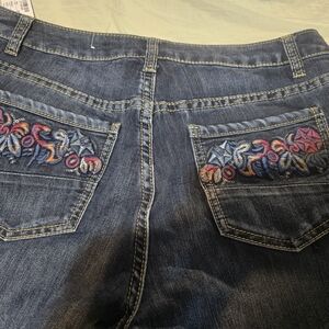 Colorful Embroidered Christopher & Banks Dark Blue Flare Wide Leg Jeans 10 Nwt